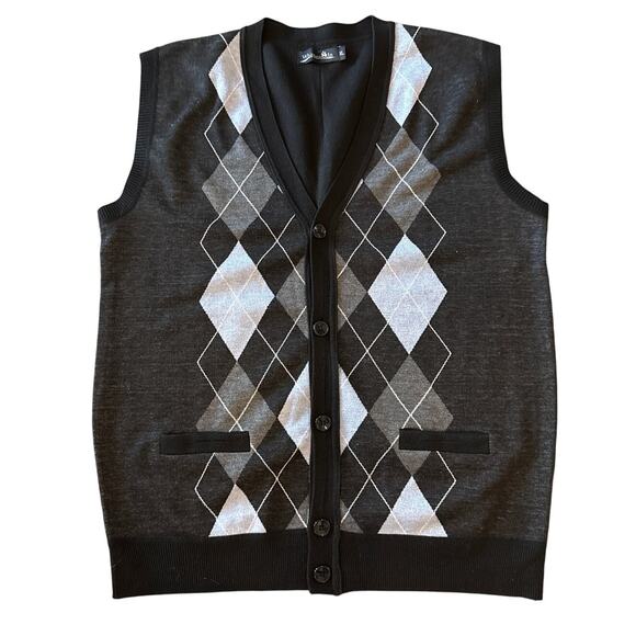 Vintage Mens Gray Argyle Button-Up Sweater Vest XL Old Money Preppy Knit Grandpa - Picture 1 of 7